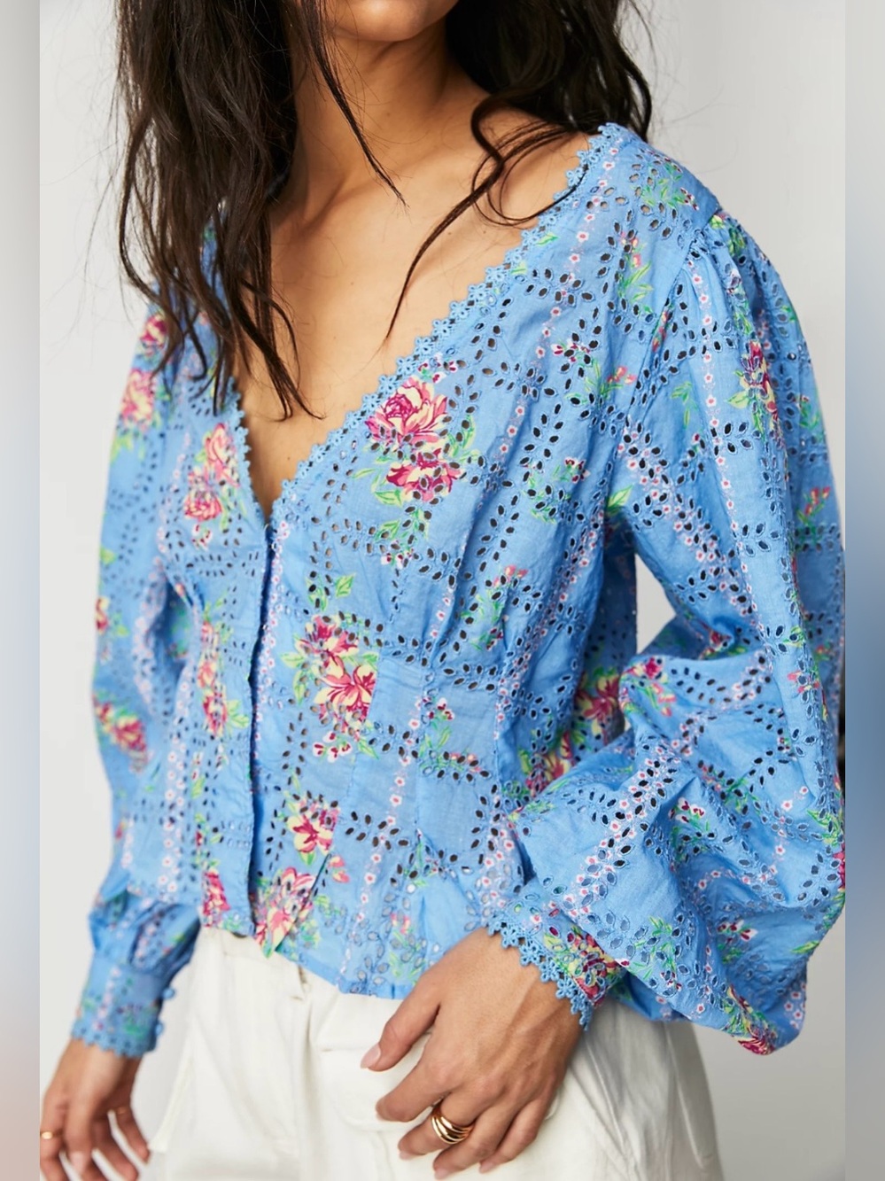 Free People Eyelet Blossom Top Blouse Cropped Smocking Blue Size Large